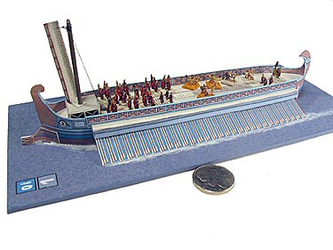 A 1/300th scale Roman Quinquereme war galley equipped with Corvus