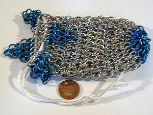 Blue trimmed 'Jester' Aluminum Chainmail dice bag $45.00 USD