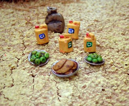 Cooking oil cans, food sack, and plates of food