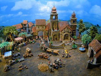 Single gatehouse $19.99; double gatehouse $24.99; main building $67.99, 6 piece fence set $24.99. Complete Village - $129.99  (buildings pictured in background are just mock-ups for the diorama setting)