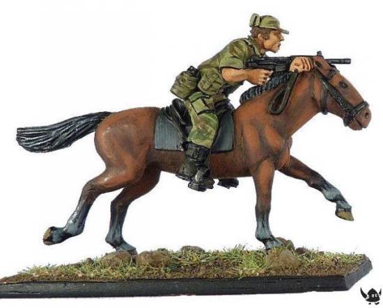 1970s Rhodesian Greys Scout galloping firing FN