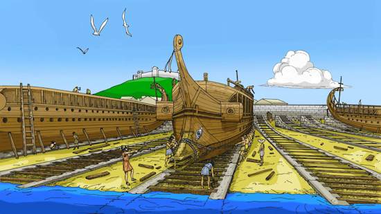 Artistic reconstruction of a penteres ('five') and the wide slipways at Zea Harbor.