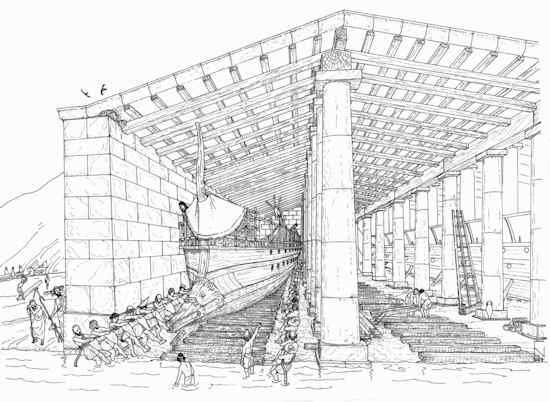 An illustration of a ship shed as it may have looked 2,500 years ago, part of an enormous naval base built by the ancient Greeks.