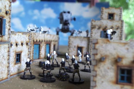 Rebels versus Stormtroopers in a town on a desert planet