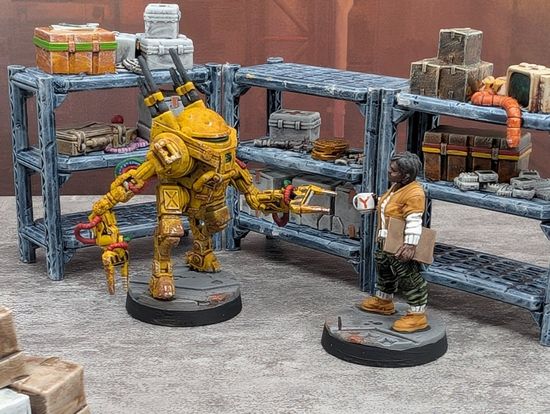 Madiwa supervises a TLY droid loading shelving