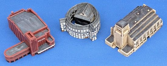 Three very small scale model buildings – (l-r) Art Deco Cinema, Shakespeare's Globe, Radio Kootwijk