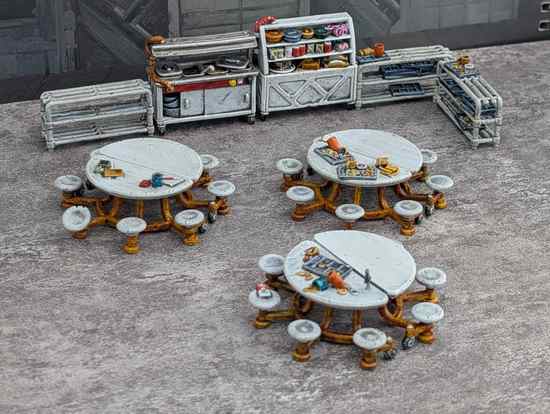Mess tables, serving counters and tray slides