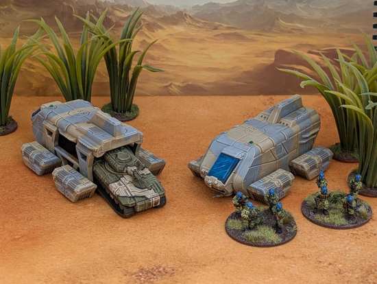 NUA cossacks disembark from their Chaplya VTOL while their Zhalo light tank drives out the back of a Leleka dropship.