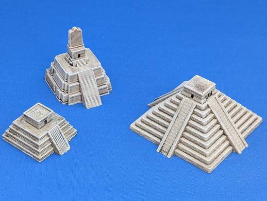 Three 1:1000th scale models of Mayan temples &ndash; (l-r) Small Tikal Temple, Temple of the Masks, Pyramid de Kukulcan