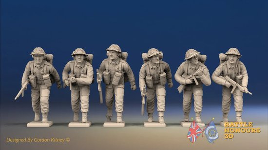 Canadian troops in Battledress advancing with Thompson submachineguns