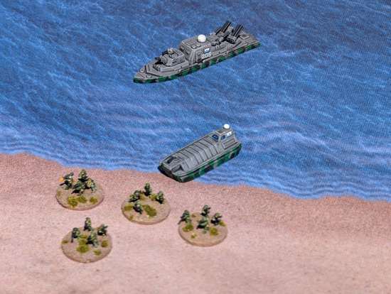 Neo-Soviet infantry landing on a sandy beach covered by a gunboat
