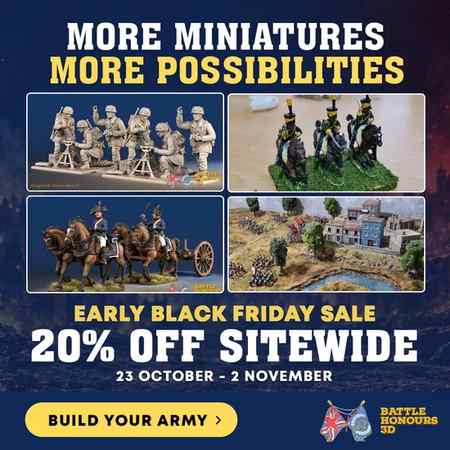 Early Black Friday at Battle Honours 3D: 20% off everything sitewide, 23 October-2 November 2026. Artwork: Battle Honours 3D.