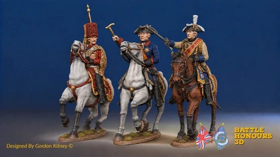 Frederick II and Prussian mounted command. Colorized reference render; miniatures are supplied unpainted. Image: Battle Honours 3D.