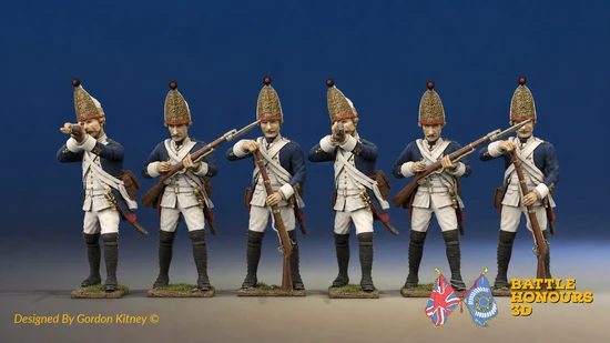 Prussian grenadiers in firing-line poses. Colorized reference artwork; miniatures are supplied unpainted. Image: Battle Honours 3D.
