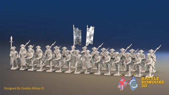 Prussian musketeers in charging poses. Miniatures are supplied unpainted; flags and flagpoles are not included. Image: Battle Honours 3D.