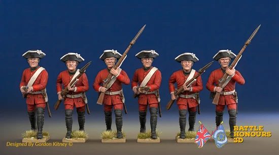 Russian musketeers in summer uniform. Colorized reference artwork; miniatures are supplied unpainted. Image: Battle Honours 3D.