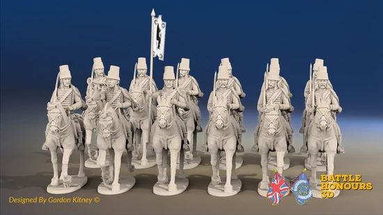 Russian hussars in mirlitons. Miniatures are supplied unpainted; flags and flagpoles are not included. Image: Battle Honours 3D.