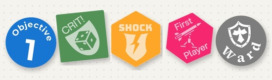 Five custom game tokens in different shapes, colors and fonts: Objective 1, Crit!, Shock, First Player and Ward