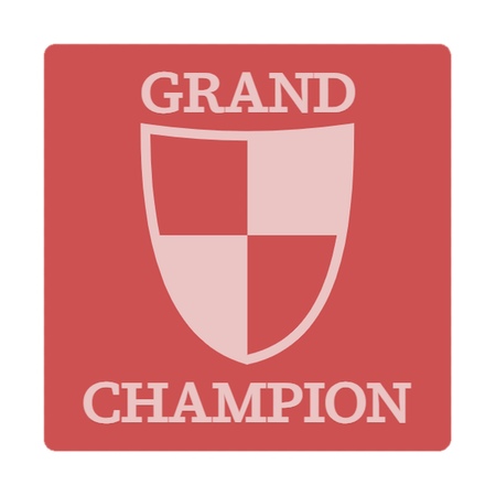 Red square token with a quartered shield icon and Grand Champion in a classic serif font