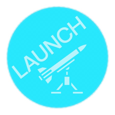 Blue circle token with a rocket icon and the word Launch set at an angle
