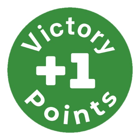 Green circle token with a large +1 and the words Victory Points curved along the top and bottom edges
