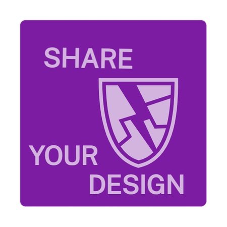 Purple square token with a shield icon and the words Share Your Design staggered across it
