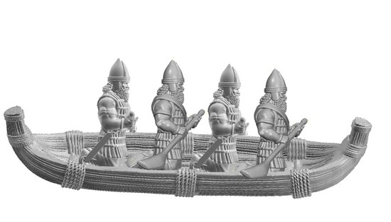 Assyrian reed boat with four soldiers