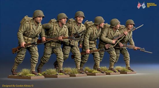 Colored render of six U.S. infantry advancing. An individual group shown for painting inspiration; miniatures are supplied unpainted