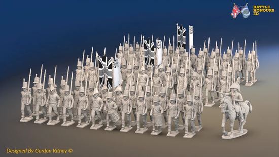 British line infantry in march attack: 72 infantry and a mounted commander included at no extra charge. Unpainted formation render