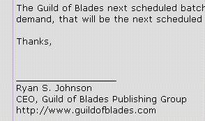 RPGnet posting in whcih Johnson promotes printing services as CEO of Guild of Blades