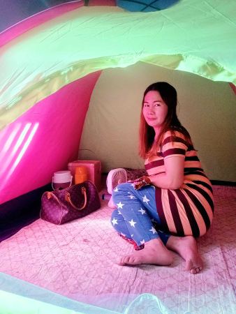 Editor Gwen in her tent