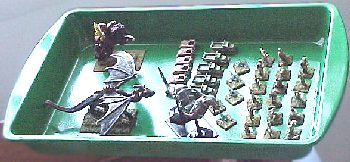 the finished tray, showing (left to right) 28mm, 6mm, and 15mm figures