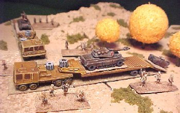 Transporter unloads two Reviresco tanks, while Simtac infantry keep guard