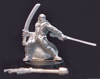 The figure on its slottabase, with separate weapon